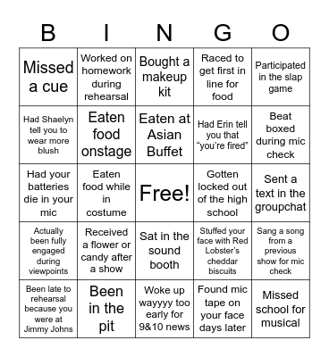 Central High School Musical Bingo Card
