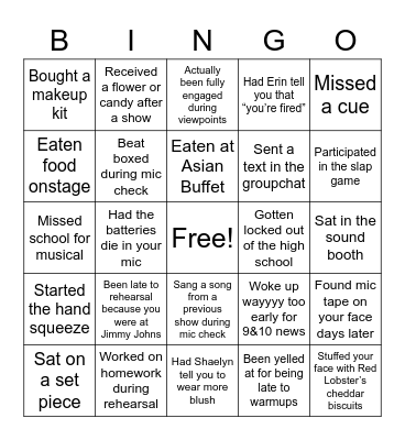 Central High School Musical Bingo Card