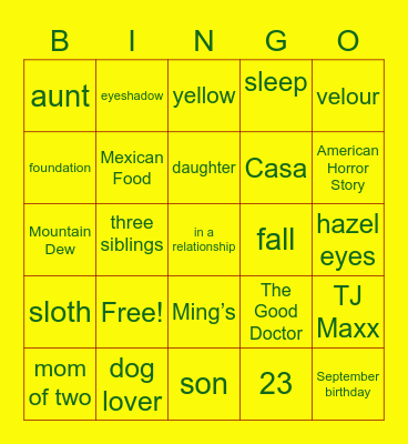 All about Kayla Bingo Card