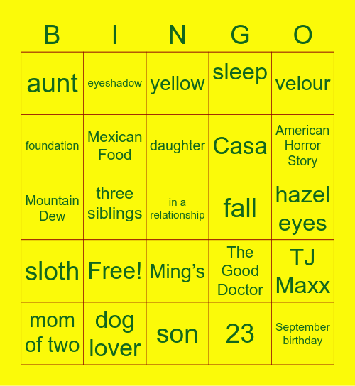 All about Kayla Bingo Card