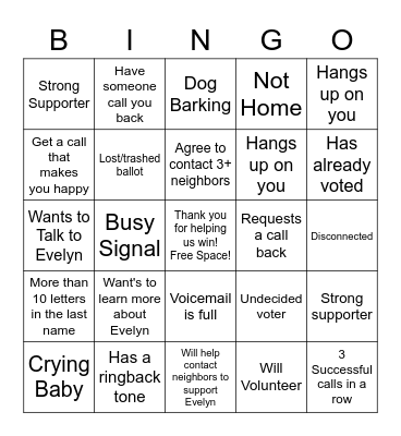 Campaign to Elect Evelyn, Virtual Phone Bank Bingo Card
