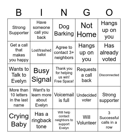 Campaign to Elect Evelyn, Virtual Phone Bank Bingo Card