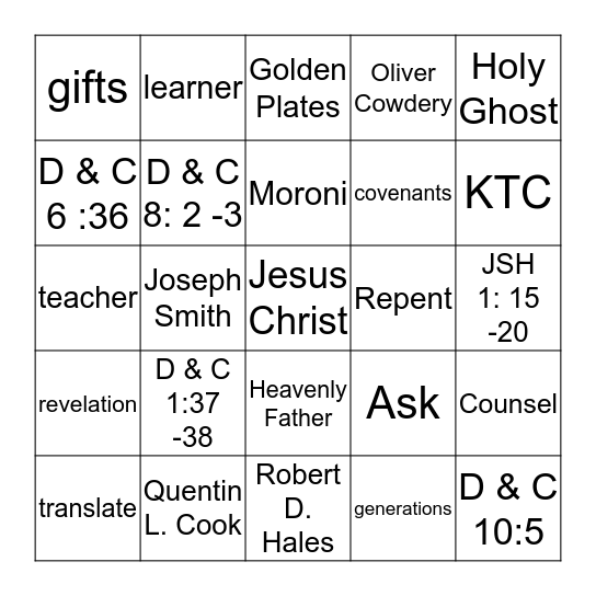 Doctrine and Covenants 2014 - 2015 Bingo Card
