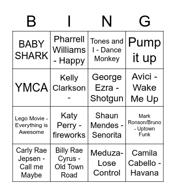 Saturday Night Live - Kids Music Bingo Card
