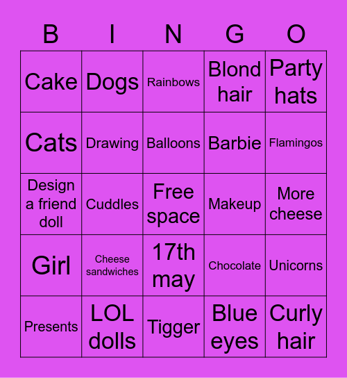 Freyas birthday bingo Card