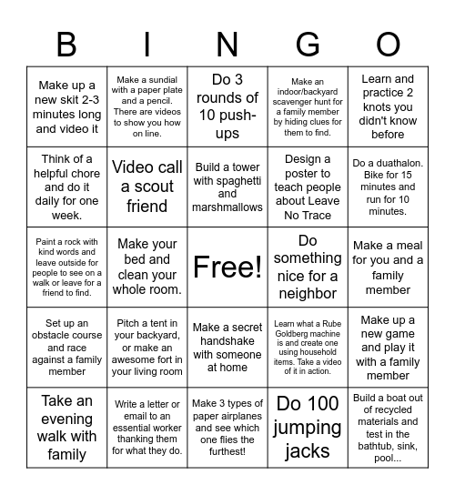 SIP Bingo for Scouts Bingo Card