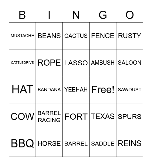 Cowboy Bingo Card