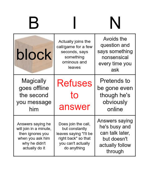 Jimmy's Excuses Bingo Card