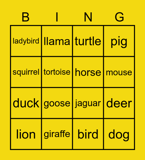 ANIMALS Bingo Card