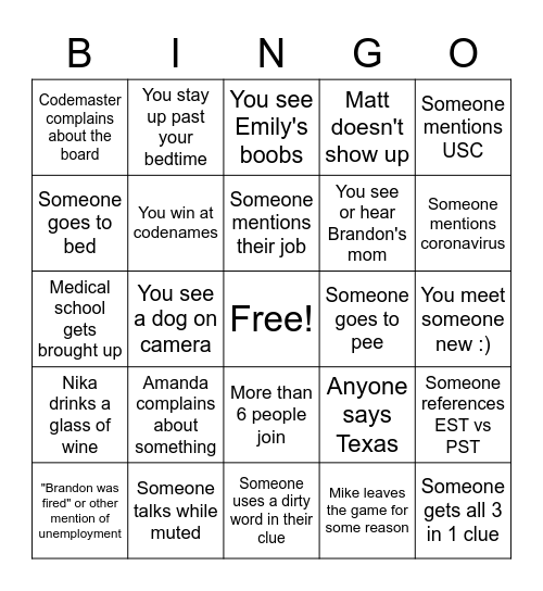 Game Night Bingo!!! Bingo Card