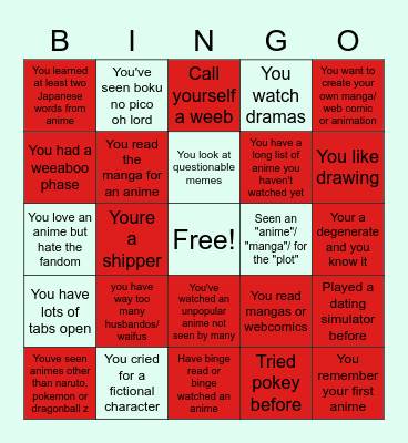WEEB BINGO Card