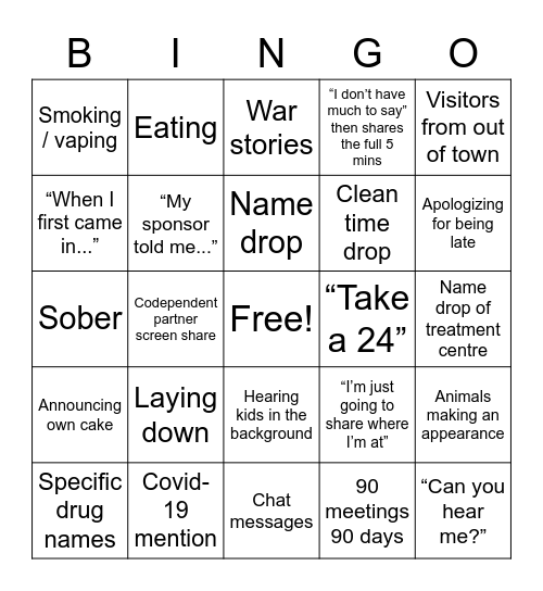 NA Zoom Bingo Card