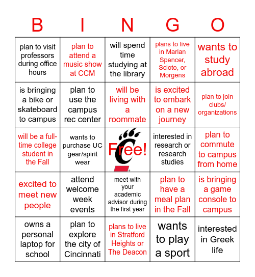 Bearcat Bound Orientation (2020) Bingo Card