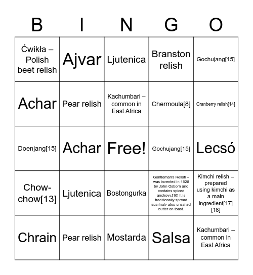 Notable Relishes Bingo Card