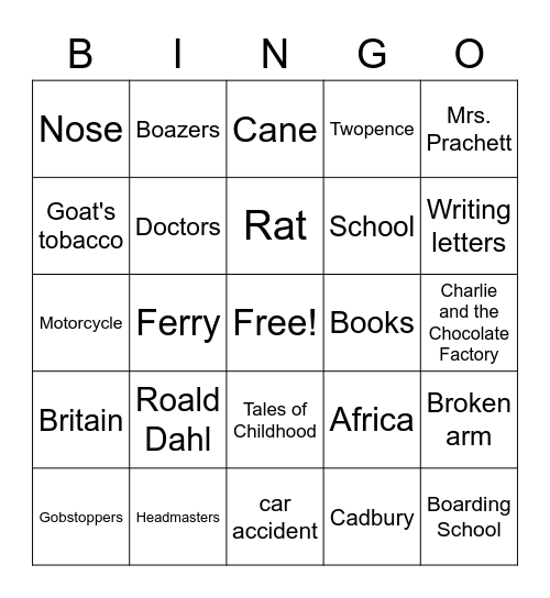 Roald Dahl Bingo Card