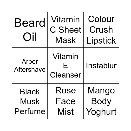 Body Shop Bingo Card