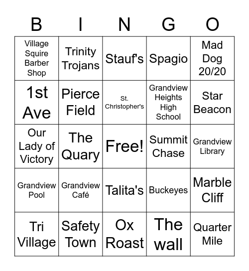 Grandview Heights Bingo Card