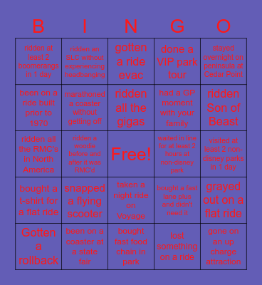 Roller coaster and Park Bingo Card