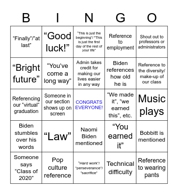 CLS Graduation 2020 Bingo Card