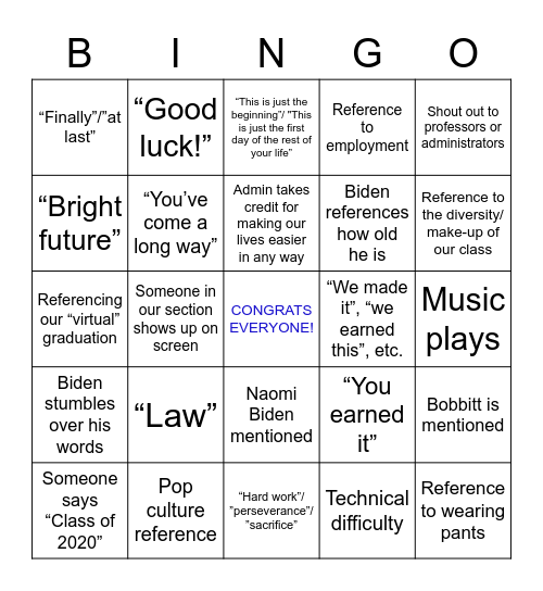 CLS Graduation 2020 Bingo Card