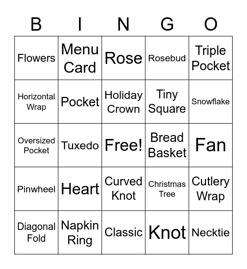 Elegant Napkin Folds Bingo Card