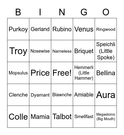 Medieval Dog Names Bingo Card