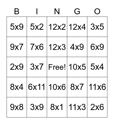 Multiplication Bingo Card