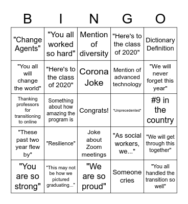 Mandel 2020 Graduation Bingo Card