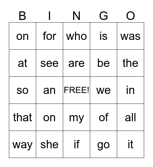 Sight Words 1-37 Bingo Card