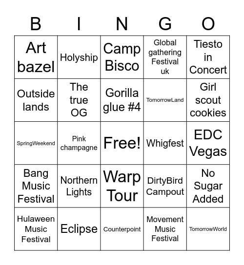 Chrispy's Favorite Festivals/Weed Strains Bingo Card