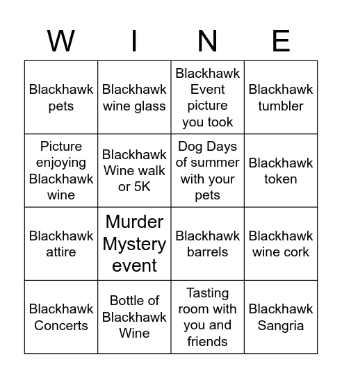 Blackhawk Winery Bingo Card