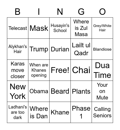 Mawani Family Zoom Bingo Card