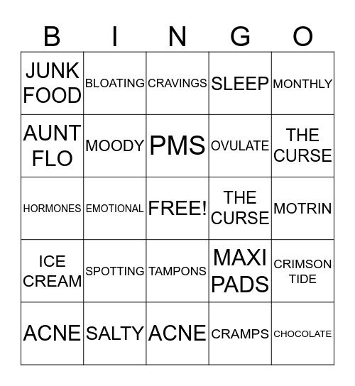 THE PERIOD Bingo Card
