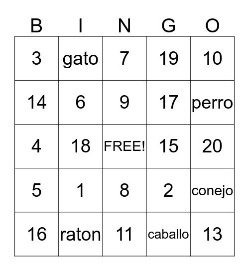 Los Números y los animales Bingo Card