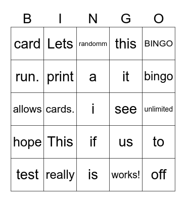 Test Bingo Card