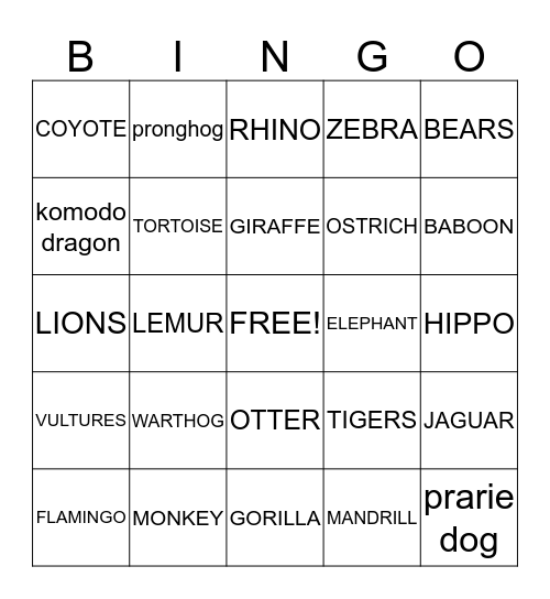 ZOO ANIMALS  Bingo Card