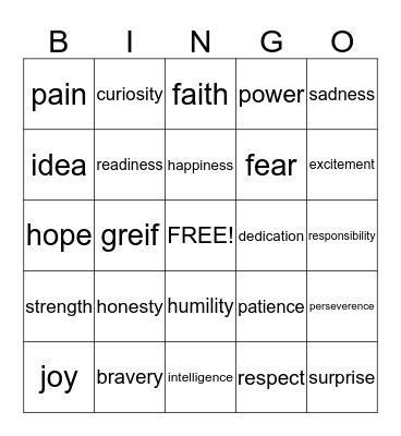 Abstract Nouns Bingo Card