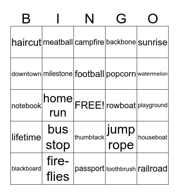 Compound Nouns Bingo Card