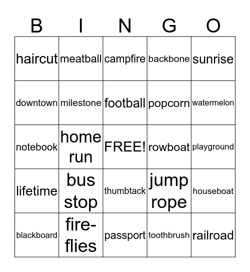 Compound Nouns Bingo Card