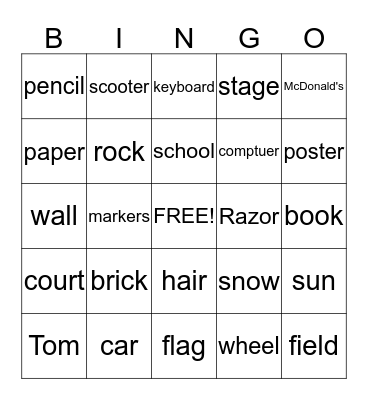 Concrete Nouns Bingo Card