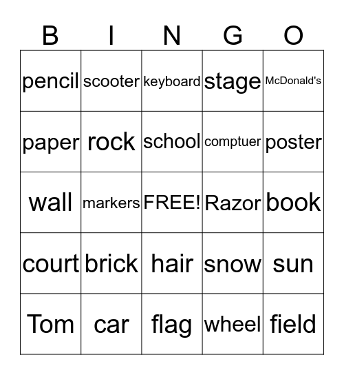 Concrete Nouns Bingo Card
