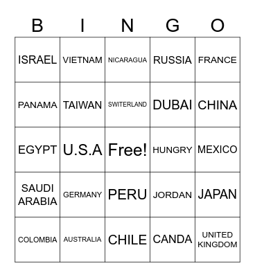 World Countries Bingo Card