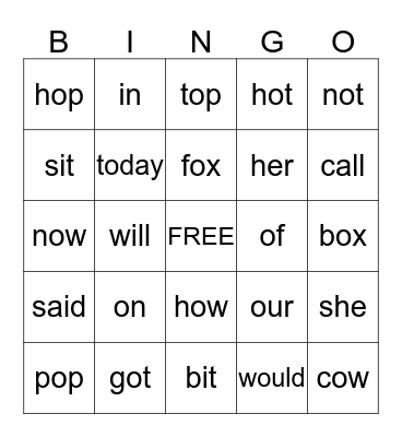 Short o  - A Musical Day Bingo Card