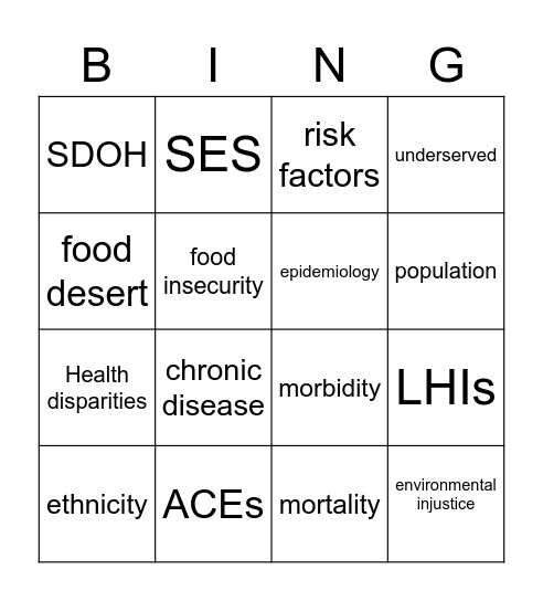 Health Disparity Vocabulary Bingo Card