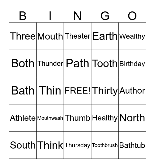 Voiceless "th" Bingo Card