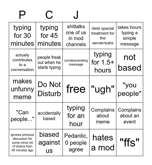 PCJ bingo Card