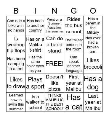 Malibu Elementary Bingo Card