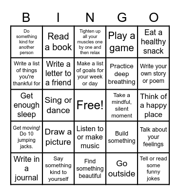 Coping Skills Bingo Card