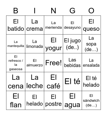 Los lácteos y las bebidas Bingo Card