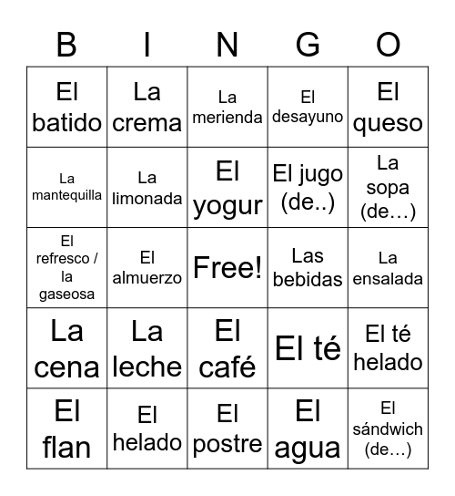 Los lácteos y las bebidas Bingo Card